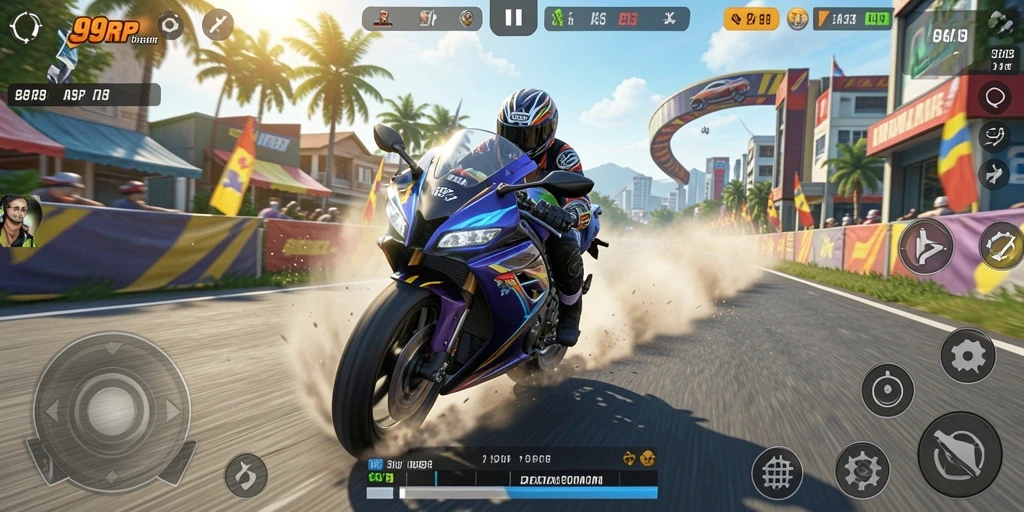 Screenshot gameplay balapan motor yang mendebarkan di 99RP.