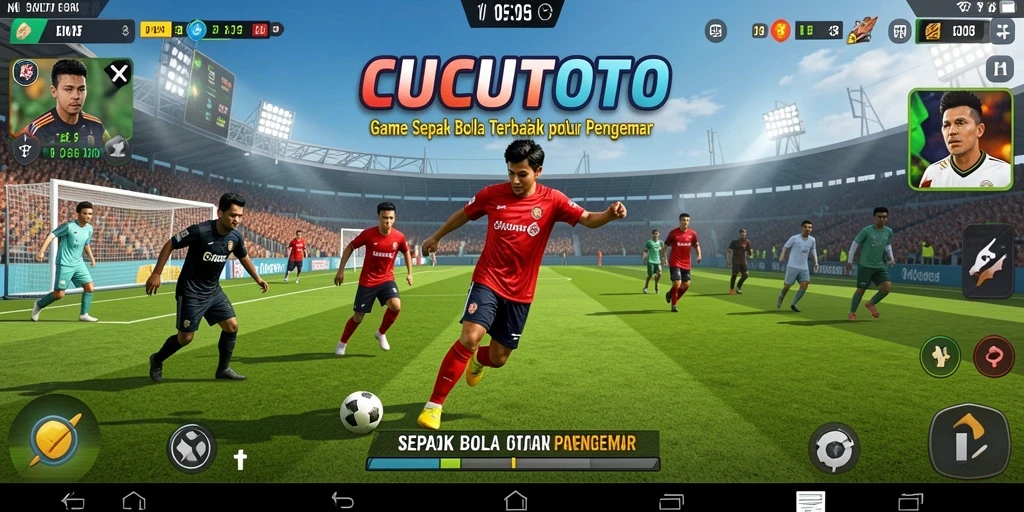 Tampilan screenshot utama CUCUTOTO yang menampilkan aksi sepak bola seru.