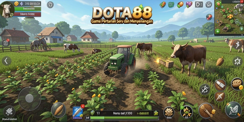 Screenshot gameplay DOTA88 menampilkan ladang yang subur dan hewan ternak.