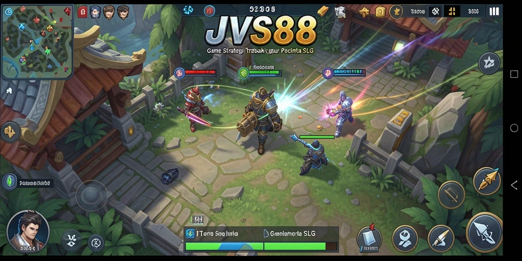 Screenshot gameplay JVS88 menampilkan pertempuran strategis dan pembangunan kerajaan.